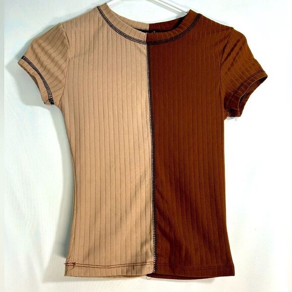 Rue 21 Two tone stitched baby doll T-shirt brown and tan cropped top - Picture 1 of 6